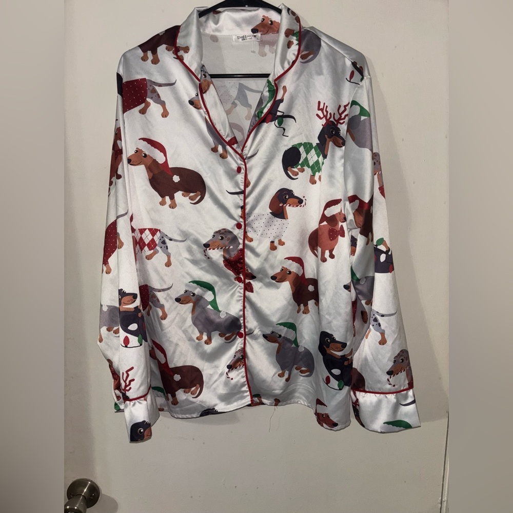 Sheshow satin wiener dog Print Pajamas - White